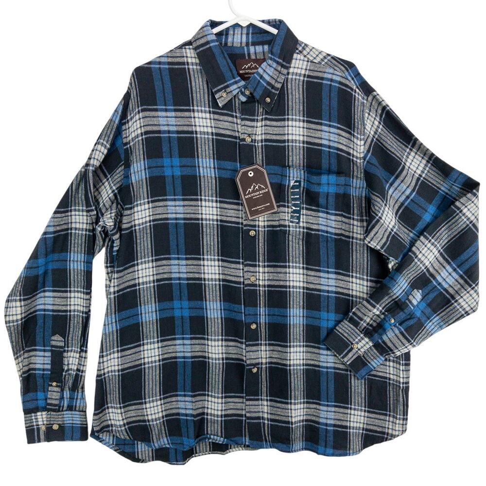 Men’s 2XL Flannel Shirt Blue Black Plaid Cotton Button Up NWT | Mountain Ridge